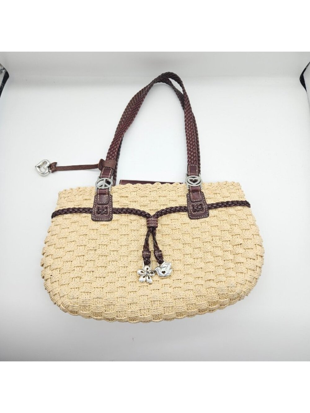 Brighton Woven Straw Shoulder Bag With Leather Accents & Heart Charms